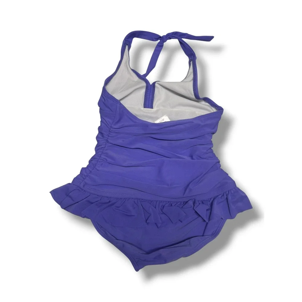 Xhilaration Purple Ruffle One Piece Swimsuit Girl M 7/8 Ruched Halter Swim Dress
